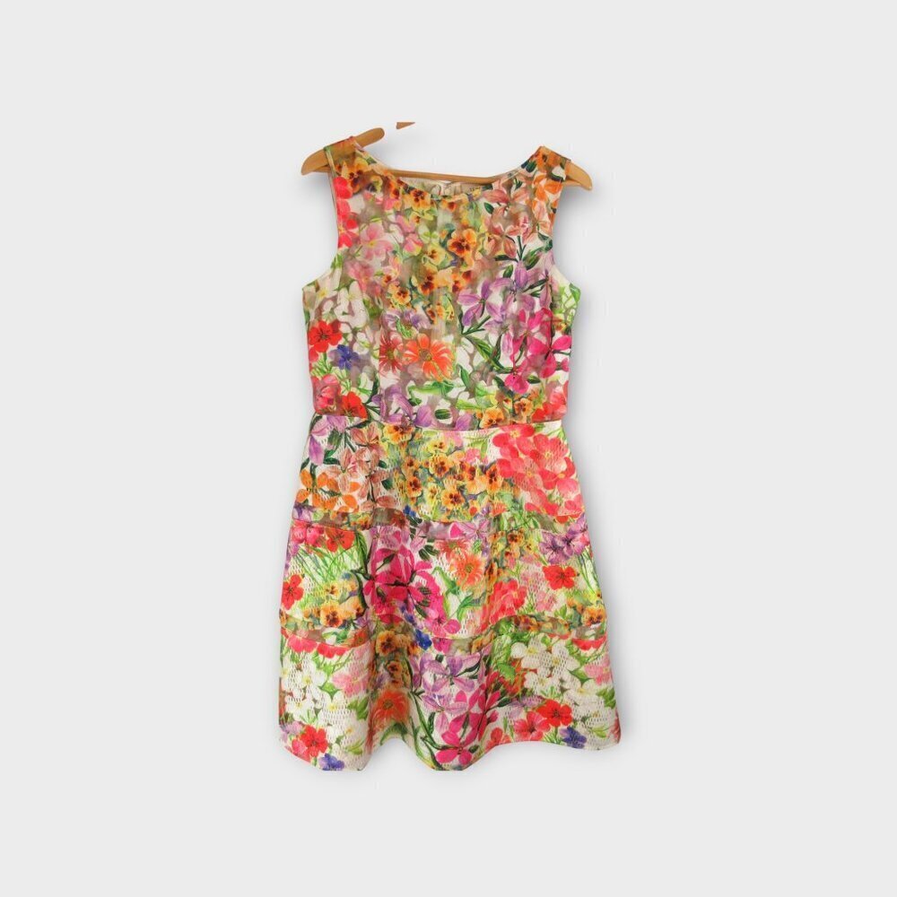 Teri Jon Floral Fit & Flare Sheath Cocktail Dress Size 14 Red Pink Yellow